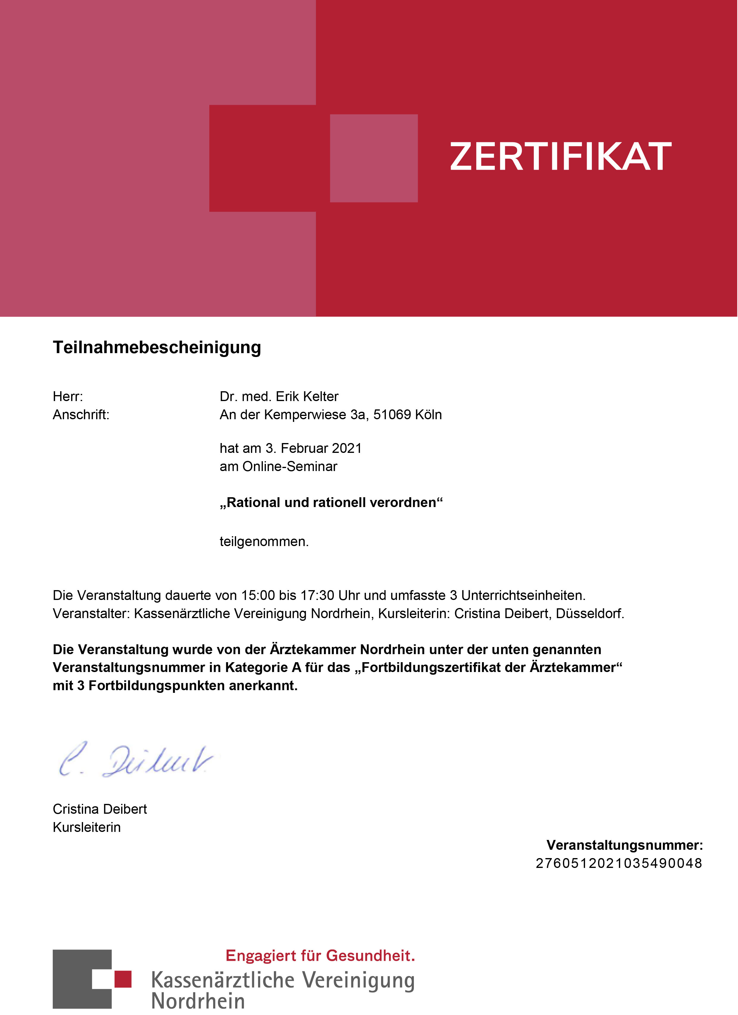 Zertifikat Kelter Erik