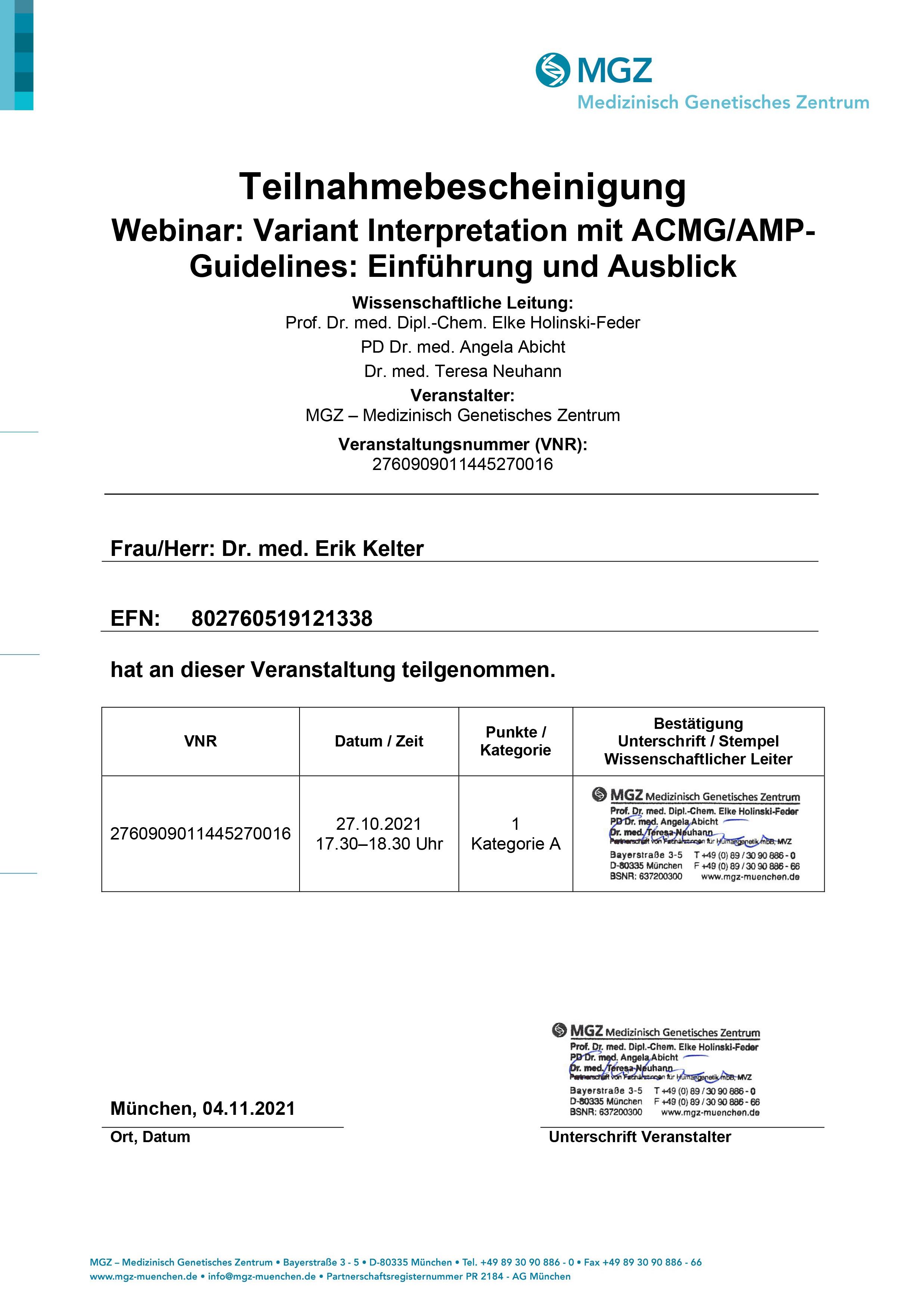 54 MGZ Teilnahmebescheinigung Variant Interpretation ACMG AMP